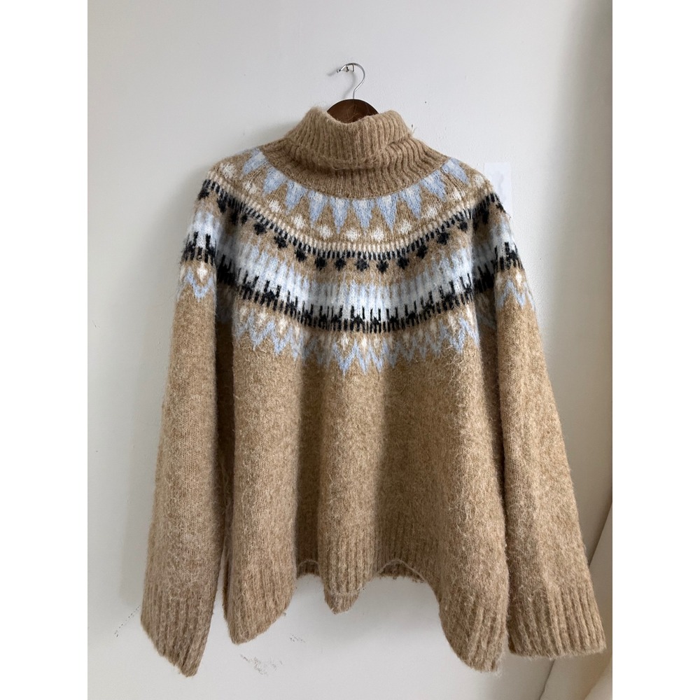 HM Fair Isle Turtleneck Sweater XL Camel Tan Blue Alpaca Blend Oversized Knit